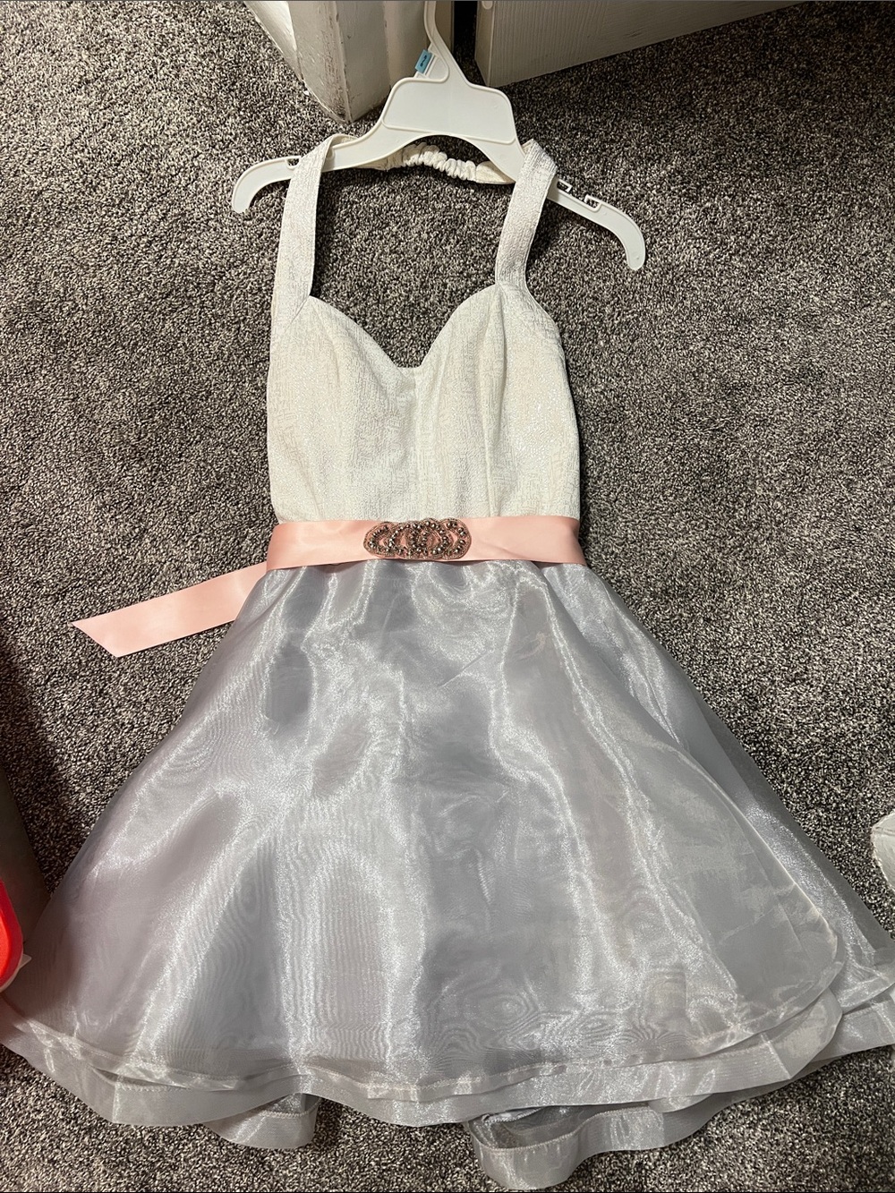 Juniors White and Pink Halter Party Dress with Satin Waistband
